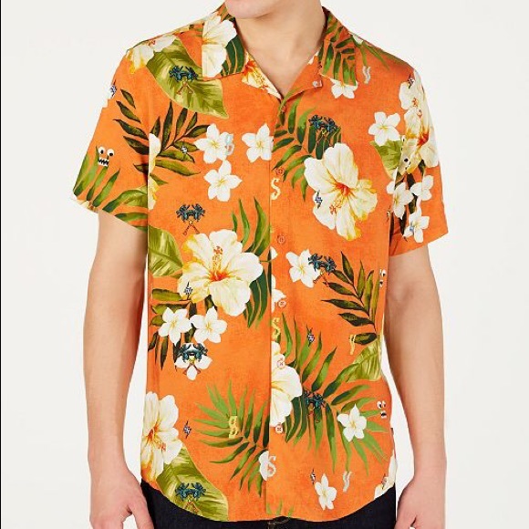 Guess Shirts X J Balvin Orange Floral Button Down Large Poshmark